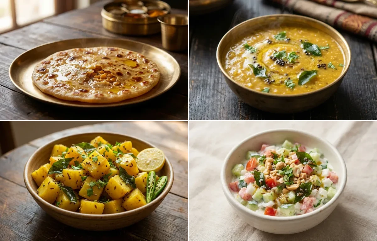 Puran Poli with Amti Dal, Batatyachi Bhaji and Koshimbir