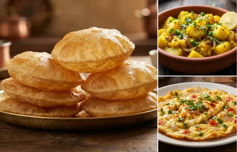 Puri with Aloo Bhaji and Masala Omelette