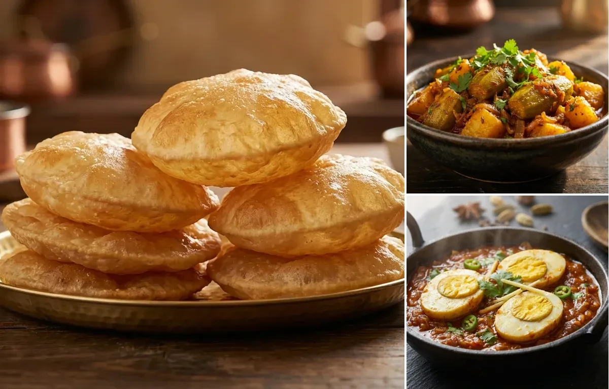 Puri with Aloo Parwal and Egg Masala Fry