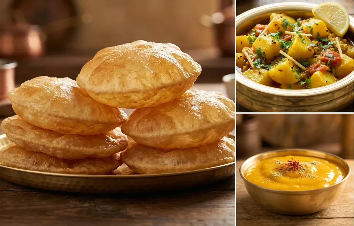 Puri with Batata nu Shaak and Aamras