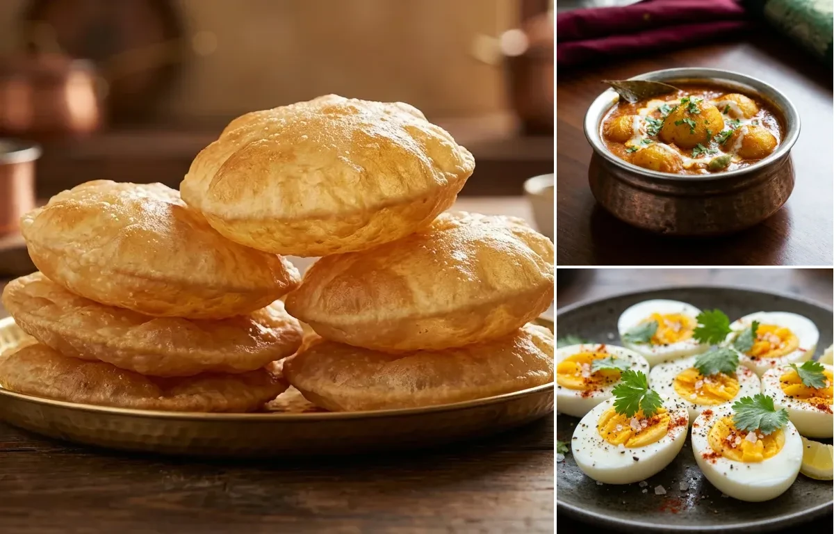 Puri with Dum Aloo and Boiled Egg