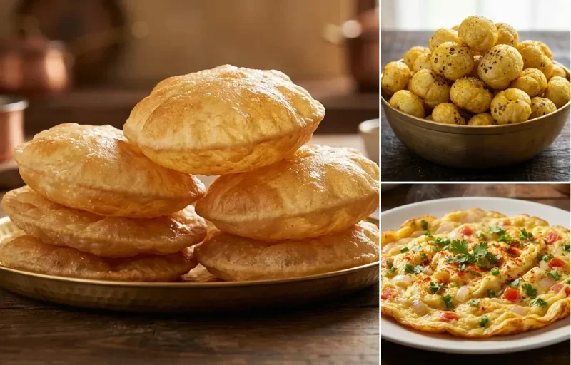 Puri with Roasted Makhana and Masala Omelette