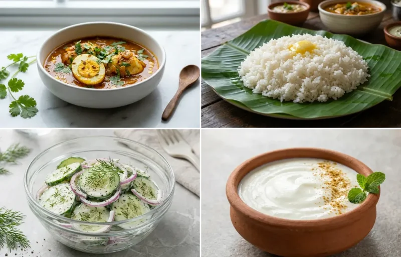Quick Egg Curry with Steamed White Rice with Cucumber Salad with Dahi