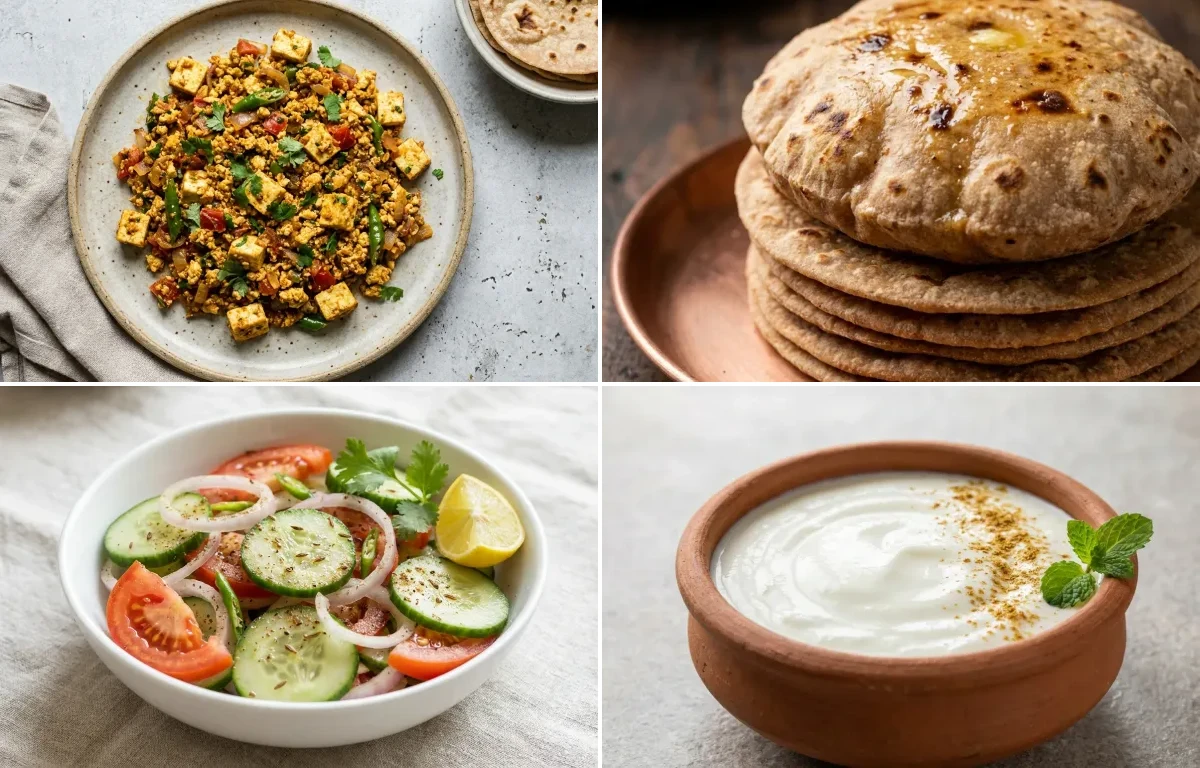 Paneer Bhurji with Whole Wheat Roti with Green Salad with Dahi
