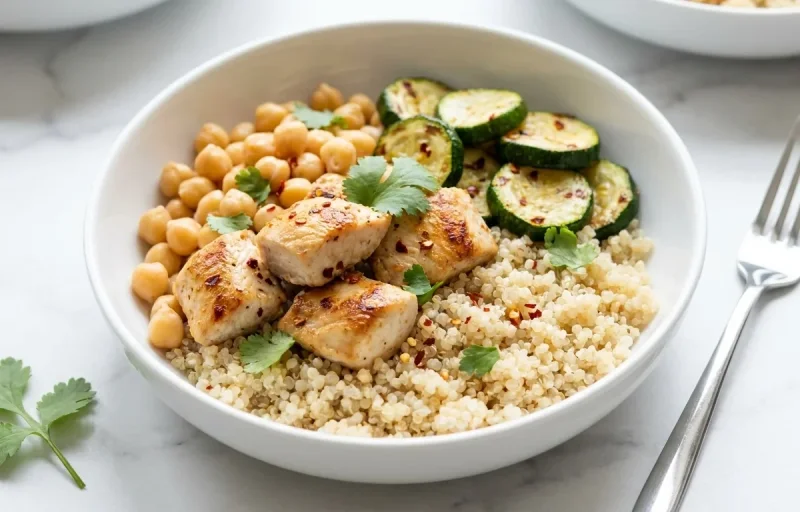 Quinoa Bowl with Chicken Chickpeas and Lemon Tahini
