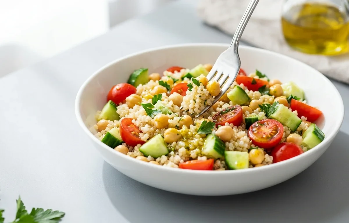 Quinoa Chickpea Bowl with Low Sodium Feta and Hummus