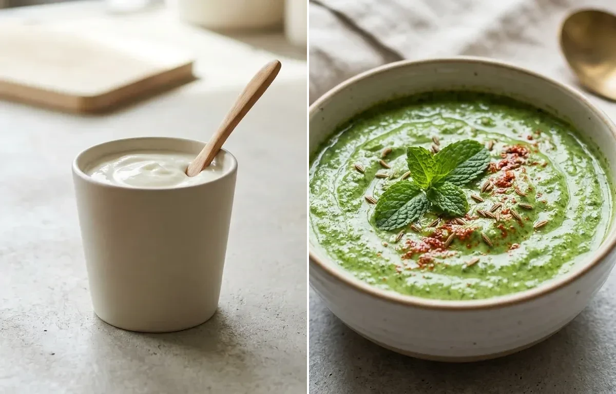 Quinoa Poha with Plain Yogurt Cup and Mint Yogurt Chutney