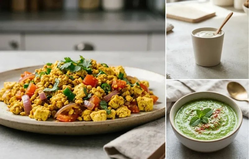 Quinoa Poha with Vegan Tofu Bhurji, Plain Yogurt Cup and Mint Yogurt Chutney