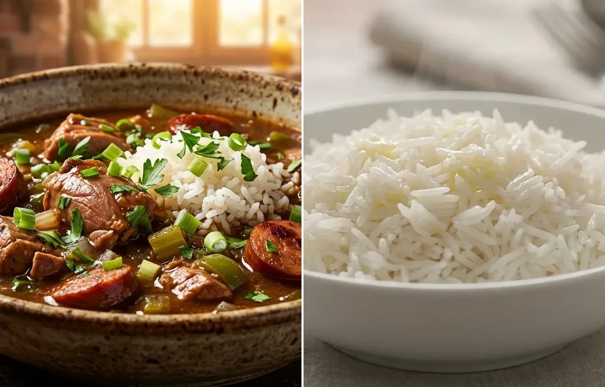 Rabbit and Sausage Gumbo with Steamed Basmati Rice