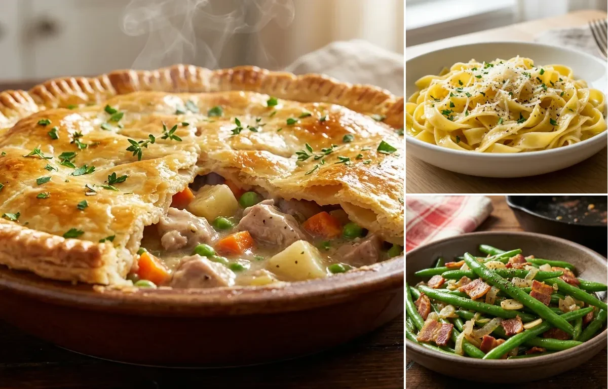 Rabbit Pot Pie with Buttered Noodles and Sauteed Green Beans with Bacon