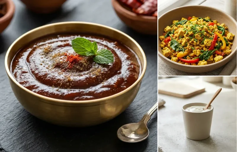 Ragi Chilla with Tamarind Date Chutney, Tofu Scramble, Plain Yogurt Cup and Hard Boiled Egg With Cucumber