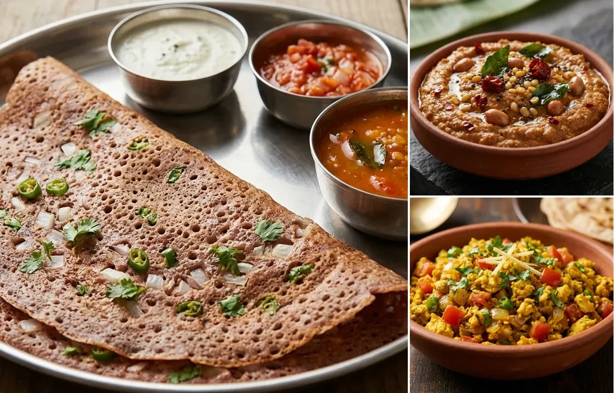 Ragi Dosa with Peanut Chutney and Egg Bhurji