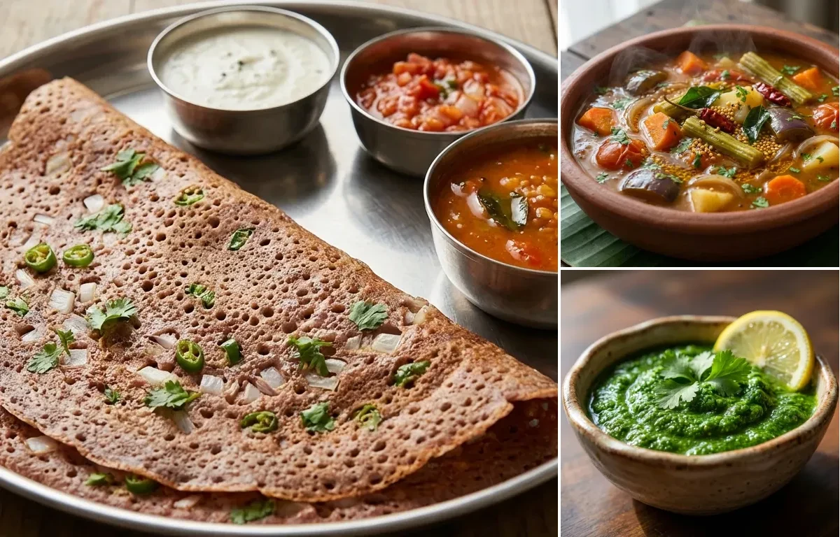 Ragi Dosa with Vegetable Sambar and Coriander Chutney