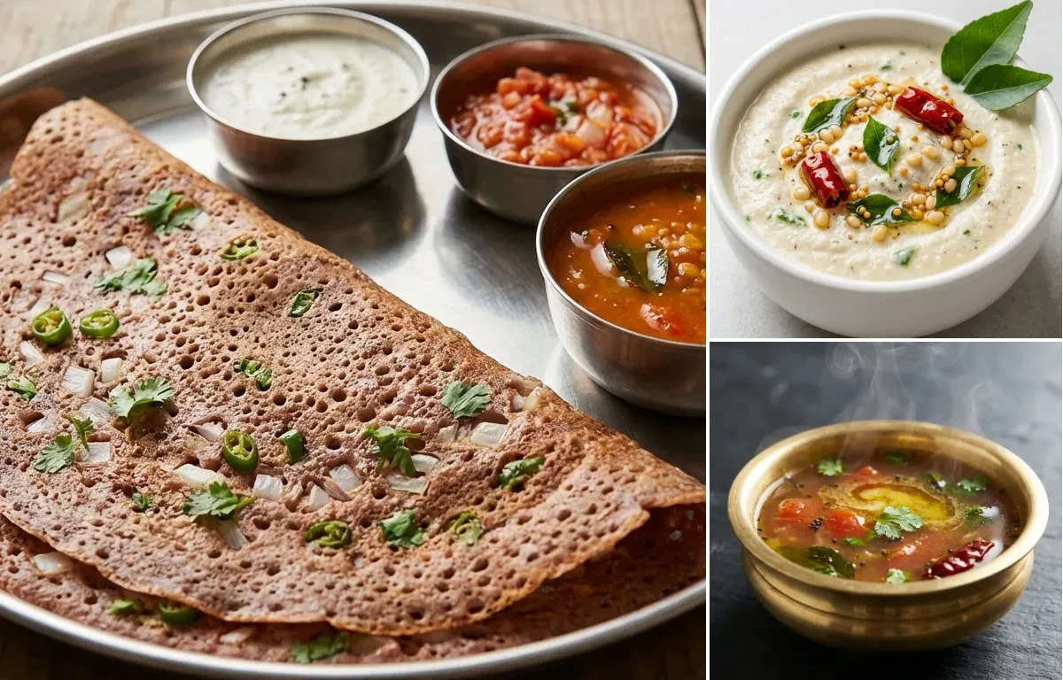 Ragi Dosa with Coconut Chutney and Rasam