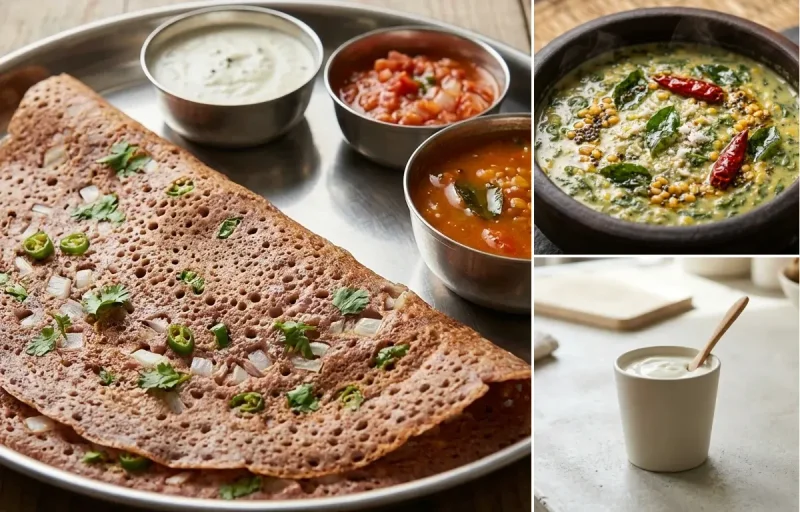 Ragi Dosa with Keerai Kootu, Tomato Garlic Chutney, Two Boiled Eggs and Plain Yogurt Cup