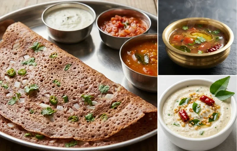 Ragi Dosa with Rasam and Coconut Chutney