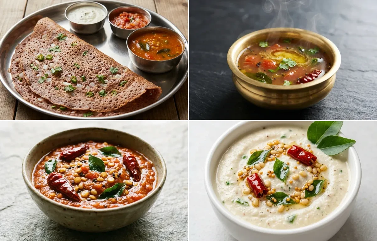 Ragi Dosa with Rasam, Tomato Chutney and Coconut Chutney