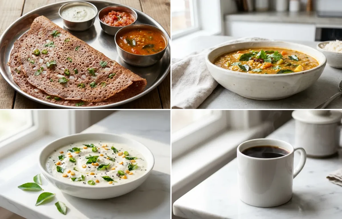 Ragi Dosa with Sambar with Coconut Chutney with Black Coffee