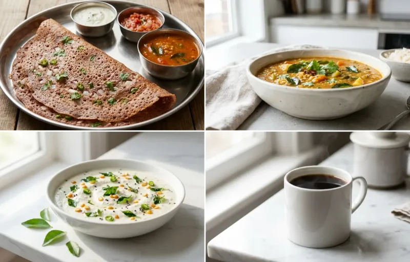 Ragi Dosa with Sambar with Coconut Chutney with Black Coffee