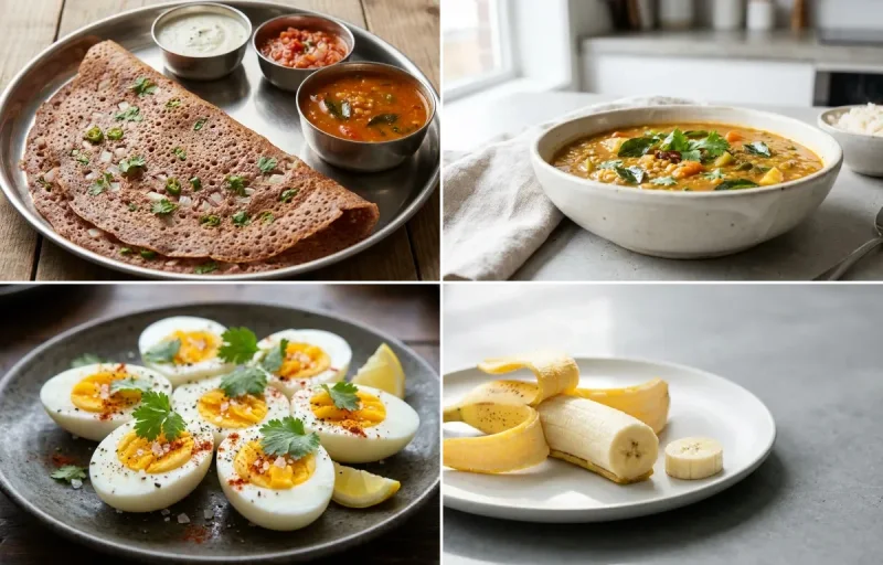 Ragi Dosa with Sambar with Coconut Chutney with Boiled Egg with Banana