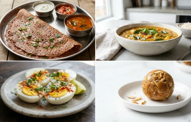Ragi Dosa with Sambar with Peanut Chutney with Boiled Eggs with Gond Ladoo