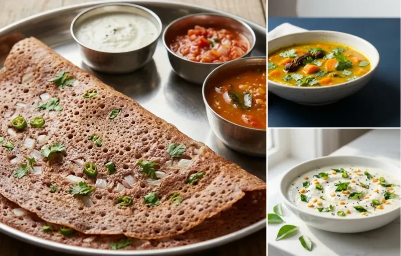 Ragi Dosa with Turmeric Sambhar with Coconut Chutney with Green Tea
