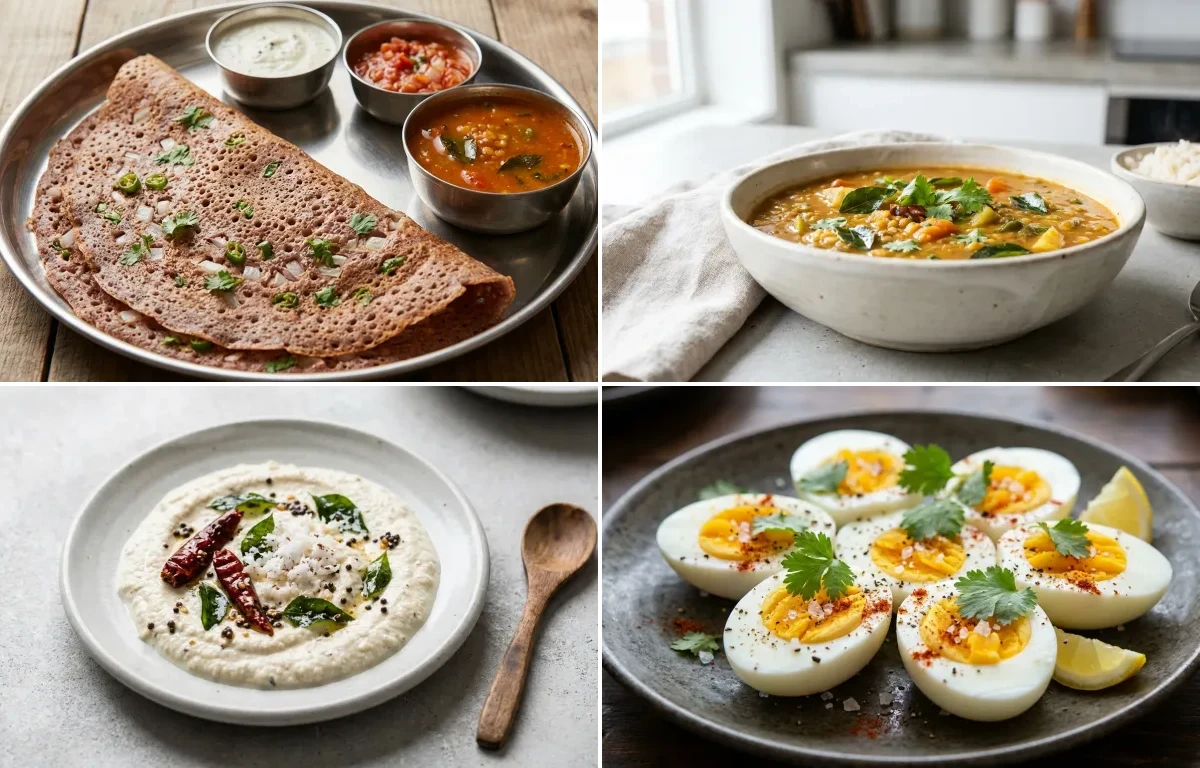 Ragi Dosa with Vegetable Sambar, Coconut Chutney No-Salt, Boiled Egg and Plain Yogurt Cup