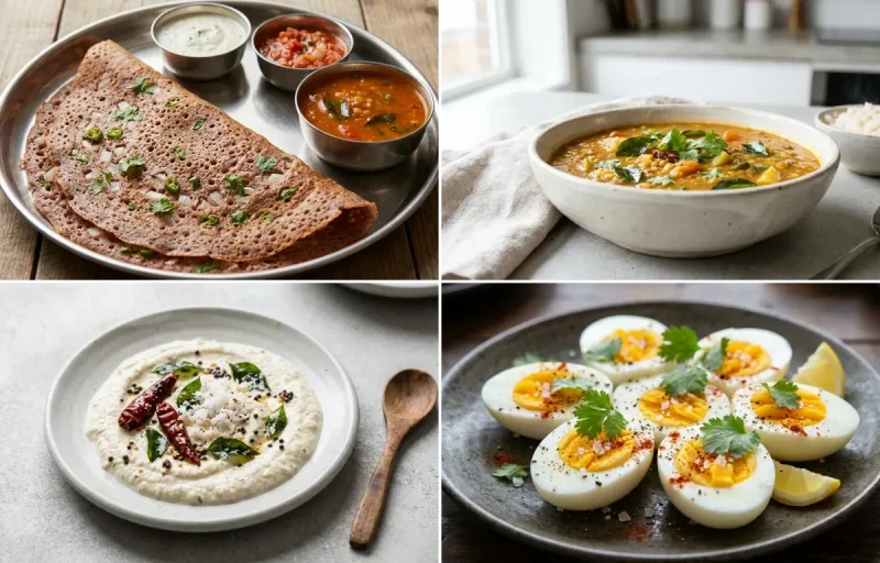 Ragi Dosa with Vegetable Sambar, Coconut Chutney No-Salt, Boiled Egg and Plain Yogurt Cup
