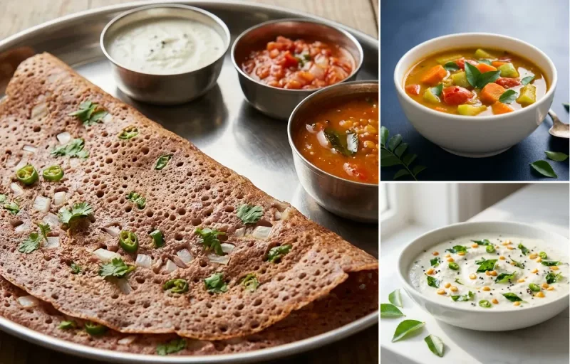 Ragi Dosa with Vegetable Sambhar with Coconut Chutney