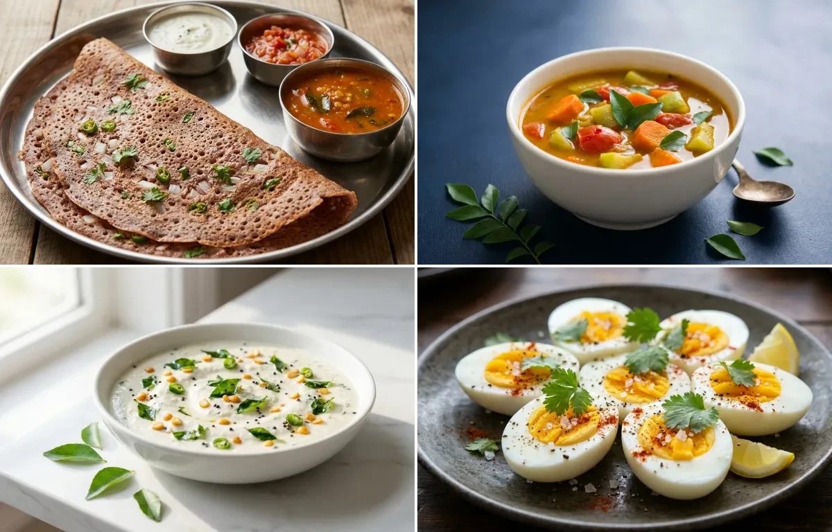 Ragi Dosa with Vegetable Sambhar with Coconut Chutney with Boiled Egg