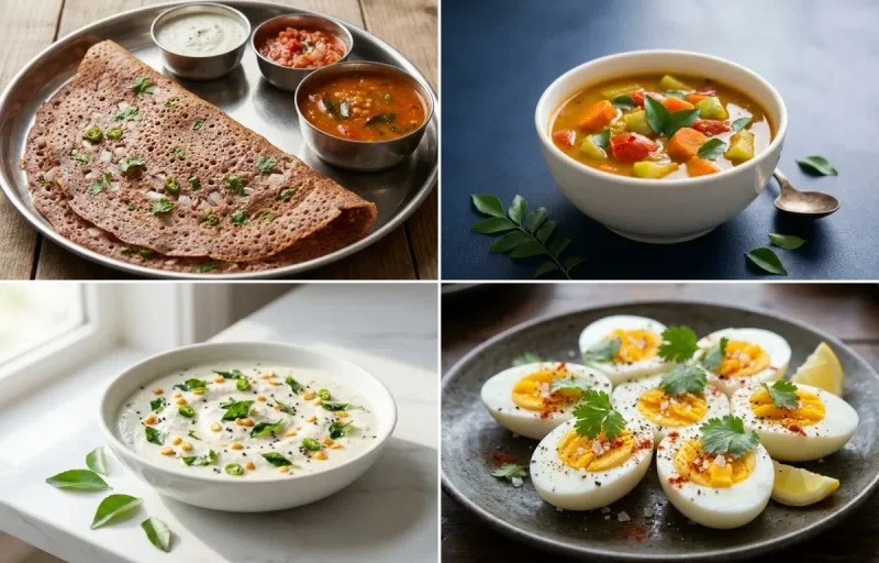 Ragi Dosa with Vegetable Sambhar with Coconut Chutney with Boiled Egg