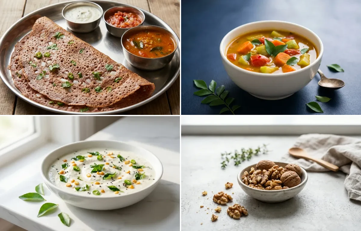 Ragi Dosa with Vegetable Sambhar with Coconut Chutney with Walnuts Small Portion