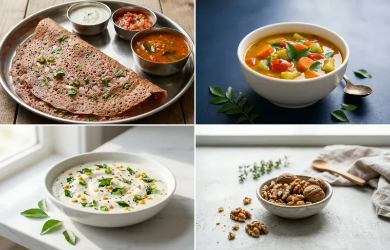 Ragi Dosa with Vegetable Sambhar with Coconut Chutney with Walnuts Small Portion