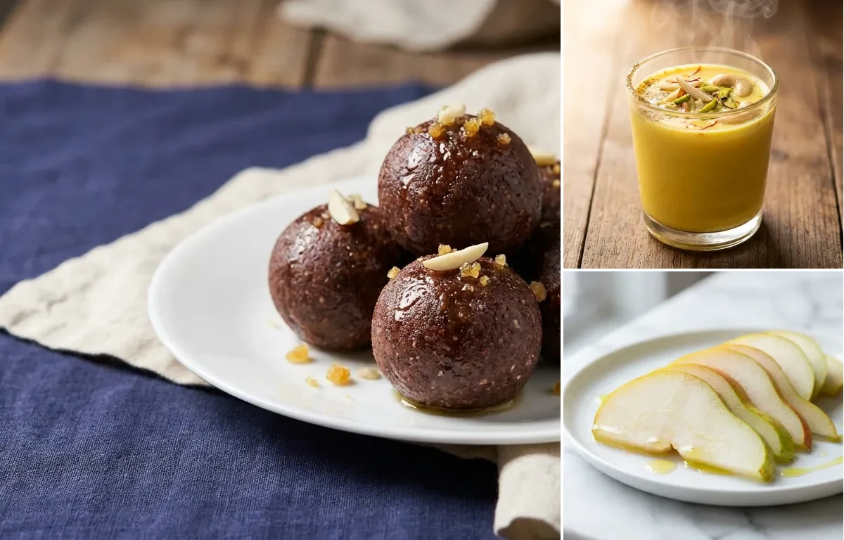 Ragi Laddu with Masala Doodh with Fresh Pear