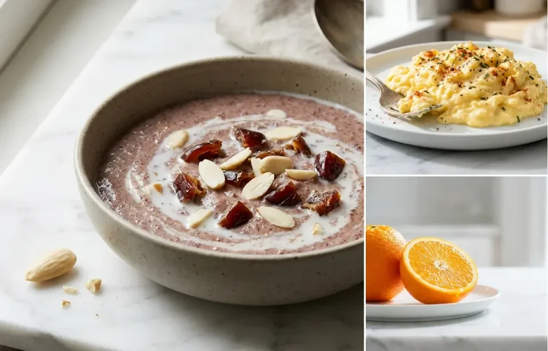 Ragi Porridge with Dates with Scrambled Eggs with Orange
