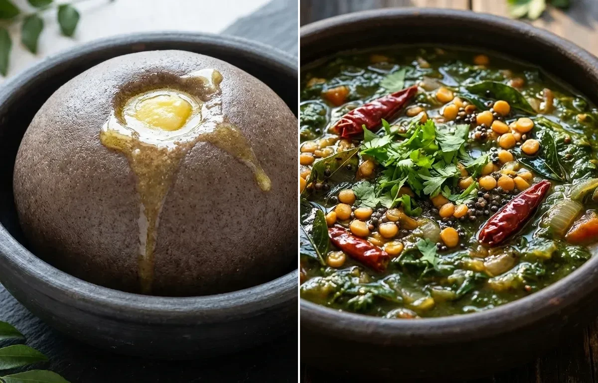 Ragi Sangati with Spinach Pulusu