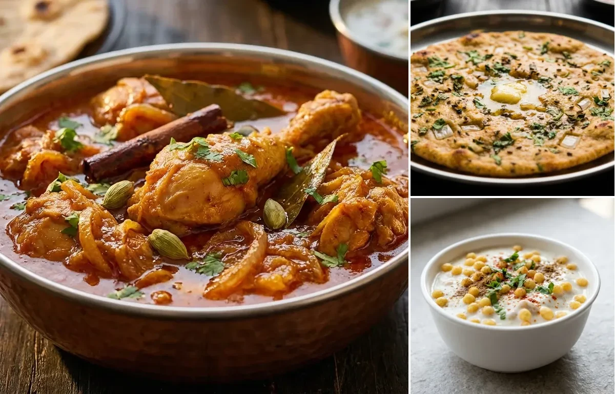 Rajasthani Chicken Curry with Missi Roti and Boondi Raita