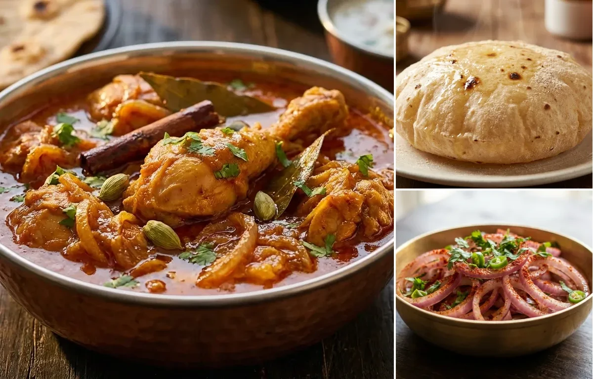 Rajasthani Chicken Curry with Phulka and Onion Salad