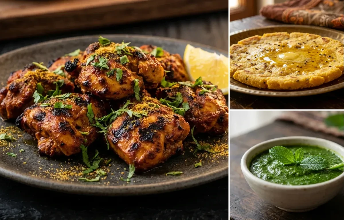 Rajasthani Chicken Soola with Makki ki Roti and Mint Chutney