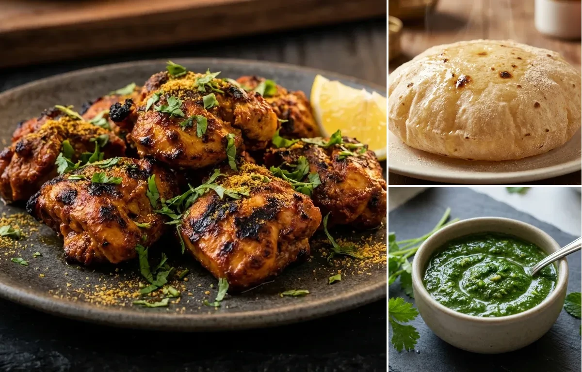 Rajasthani Chicken Soola with Phulka and Coriander Mint Chutney