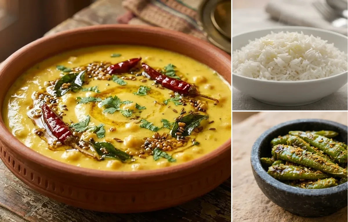 Rajasthani Kadhi with Steamed Basmati Rice and Mirchi ke Tapore