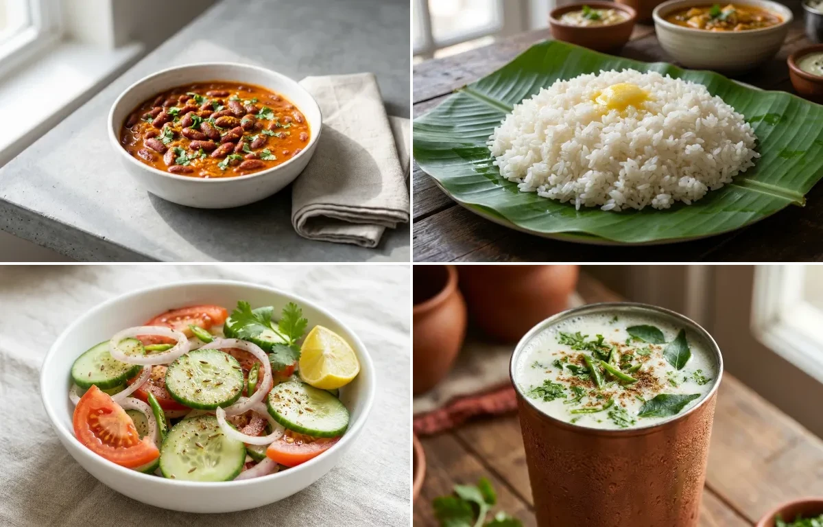 Rajma Curry with Steamed White Rice with Green Salad with Chaas