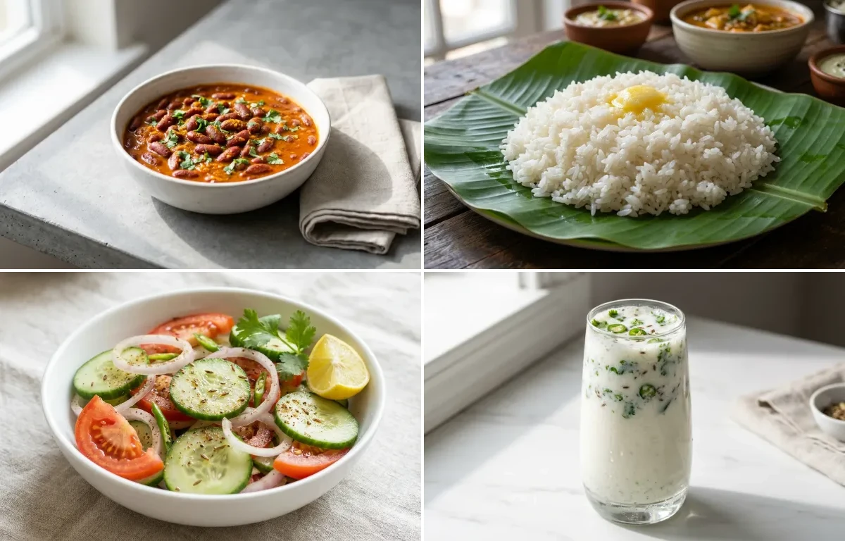 Rajma Curry with Steamed White Rice with Green Salad with Spiced Chaas