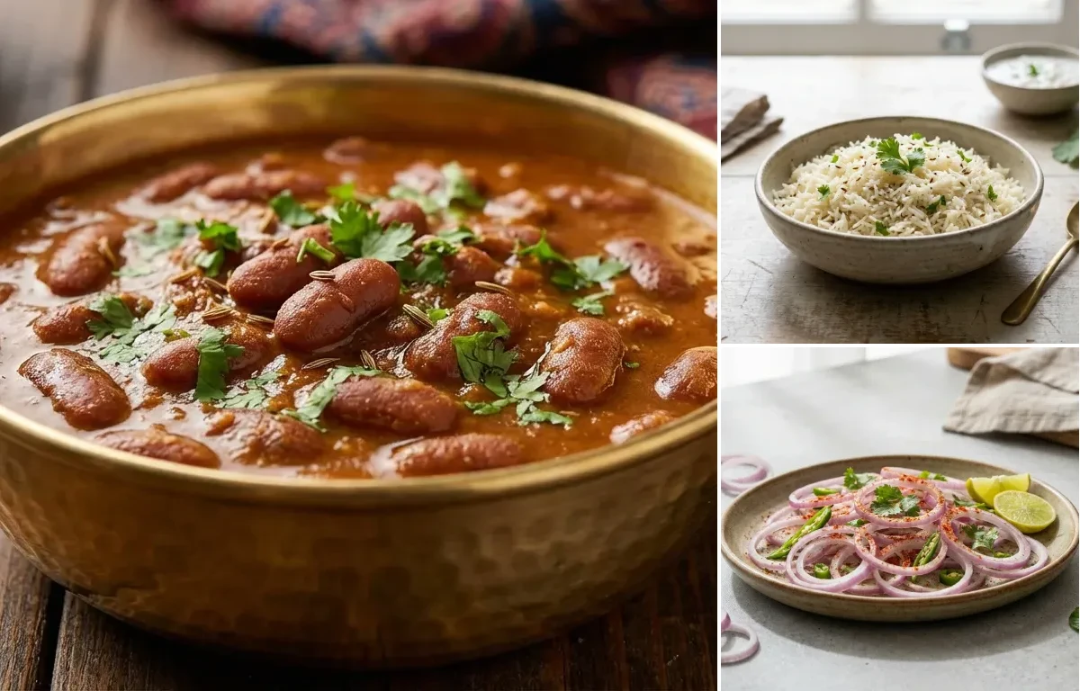 Rajma Masala, Jeera Rice and Sliced Onion Salad
