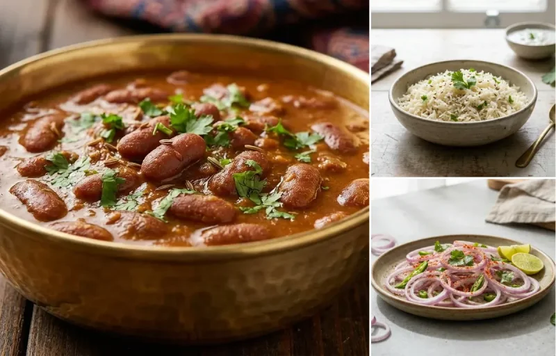 Rajma Masala, Jeera Rice and Sliced Onion Salad