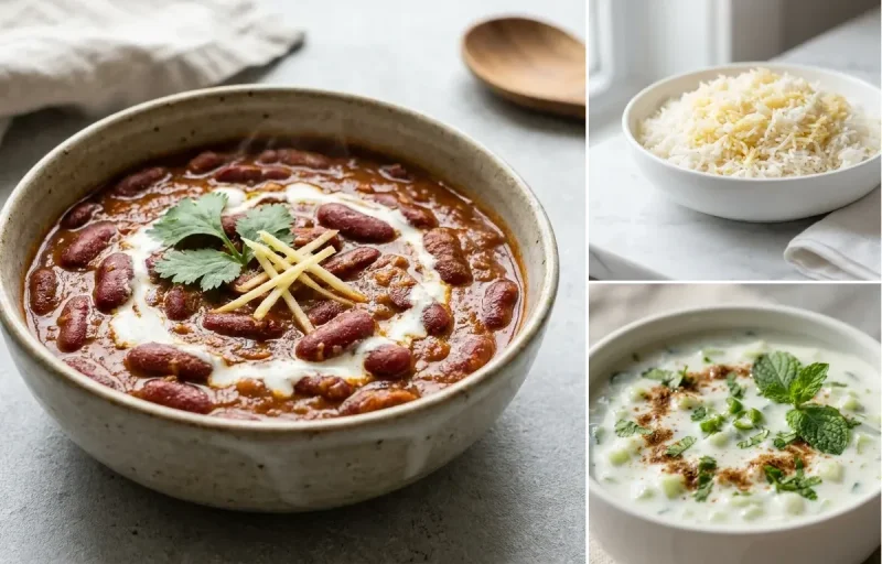 Rajma Masala, Steamed Basmati Rice and Cucumber Raita