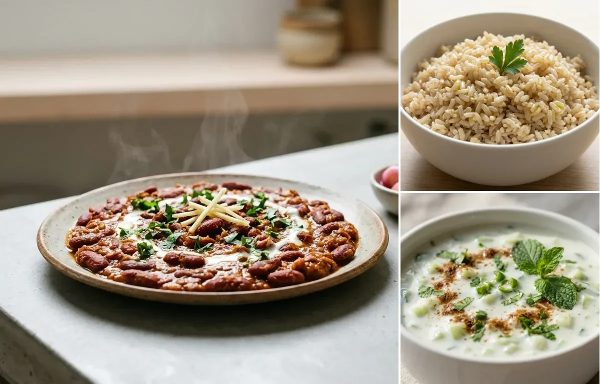 Rajma Masala, Steamed Steamed White Rice and Cucumber Raita