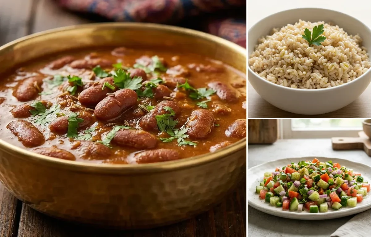 Rajma Masala, Steamed Steamed White Rice and Kachumber Salad