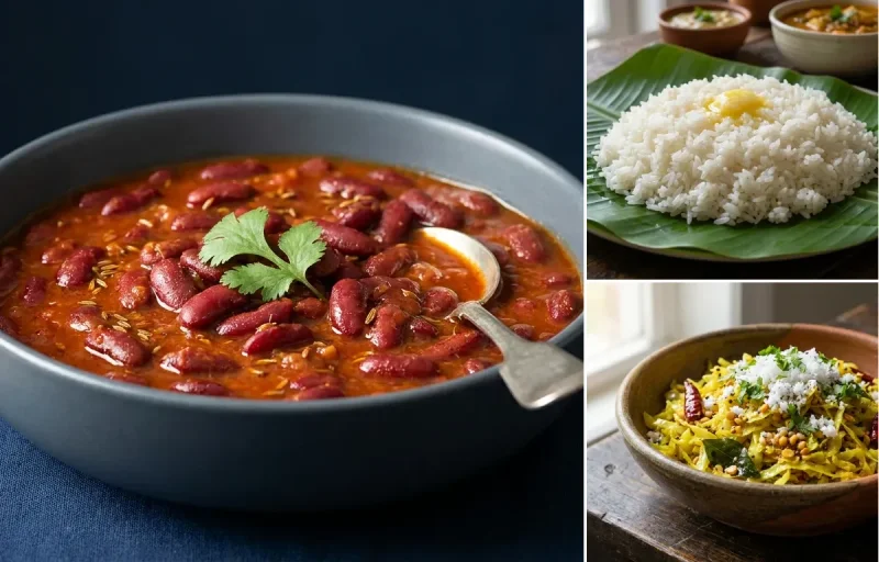 Rajma with Steamed White Rice with Cabbage Poriyal with Chaas