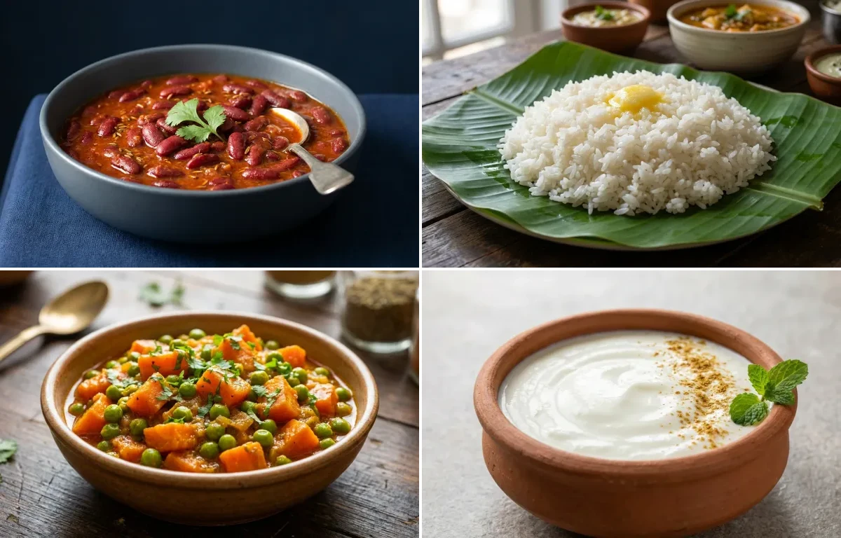 Rajma with Steamed White Rice with Gajar Matar Sabzi with Dahi